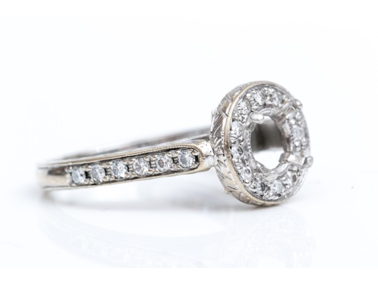 18k White Gold Beautiful Chased Diamond Set Halo Semi Mount, App. 0.24 TCW, Size 5.25