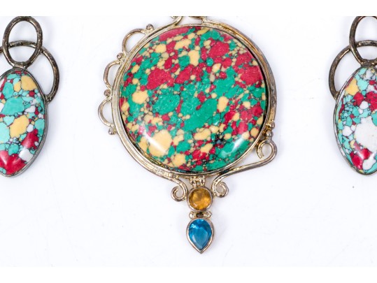 Sterling Silver Striking Multi Color Glass And Composite Pendant And Matching Earrings