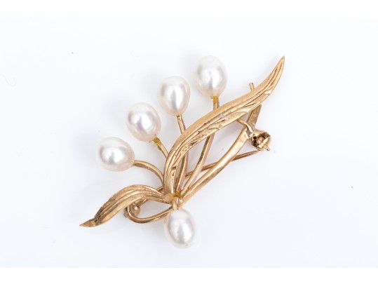 14k Yellow Gold Striking Cultured Freshwater Pearl Leaf And Spray Motif Brooch