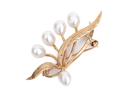 14k Yellow Gold Striking Cultured Freshwater Pearl Leaf And Spray Motif Brooch