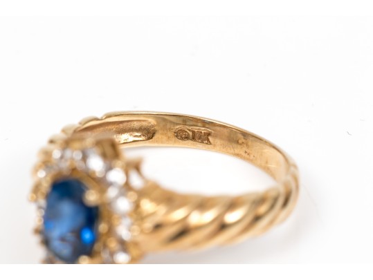10k Gold Lovely Oval Blue Sapphire And White Sapphire Ribbed Halo Ring, Size 7+