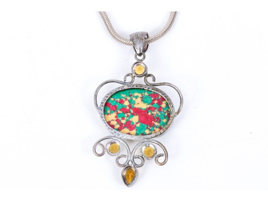 Sterling Silver Striking Multi Color Glass And Composite Pendant, On Chunky Snake Chain