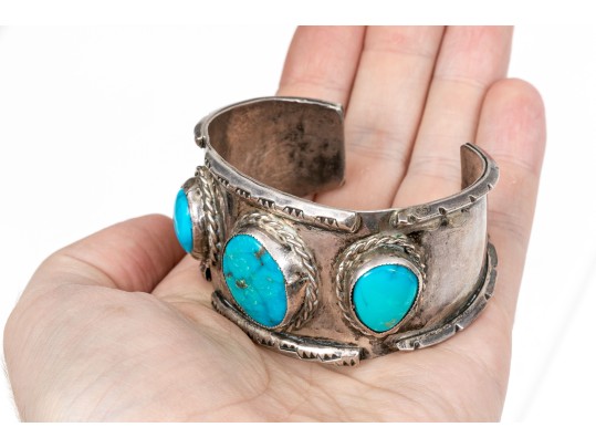 Sterling Silver Three Stone, Rope Edged Southwestern Style Cuff Bracelet