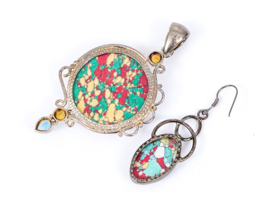 Sterling Silver Striking Multi Color Glass And Composite Pendant And Matching Earrings
