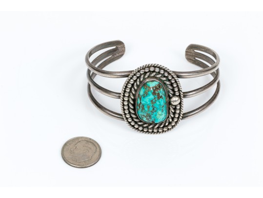 Sterling Silver And Rope Edged Turquoise Southwestern Style Cuff Bracelet