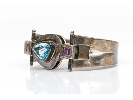 Sterling Spectacular Chunky Contemporary Free Form Blue Topaz And Amethyst Bangle Bracelet