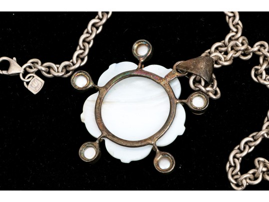 Sterling Silver Lovely Mother-of-pearl Flower Pendant, On Chunky Curb Chain