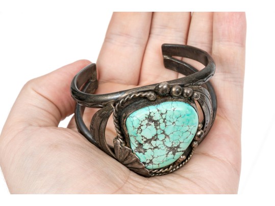 Dee Morris Sterling Rope And Fan Edged Turquoise Southwestern Style Cuff Bracelet