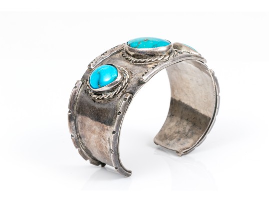Sterling Silver Three Stone, Rope Edged Southwestern Style Cuff Bracelet