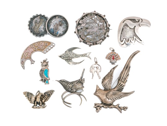 Sterling Silver And 800 Silver Collection Of Assorted Bird Motif Jewelry Pieces