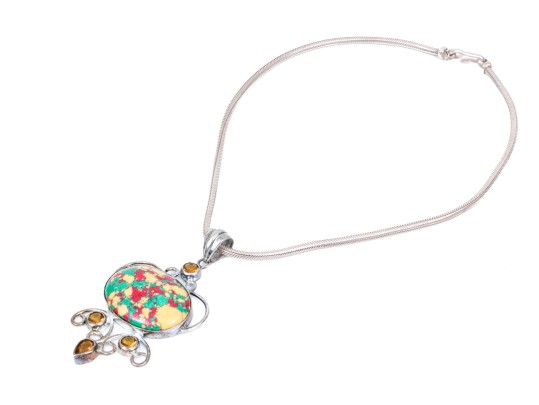 Sterling Silver Striking Multi Color Glass And Composite Pendant, On Chunky Snake Chain
