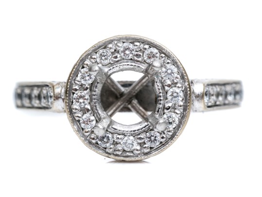 18k White Gold Beautiful Chased Diamond Set Halo Semi Mount, App. 0.24 TCW, Size 5.25