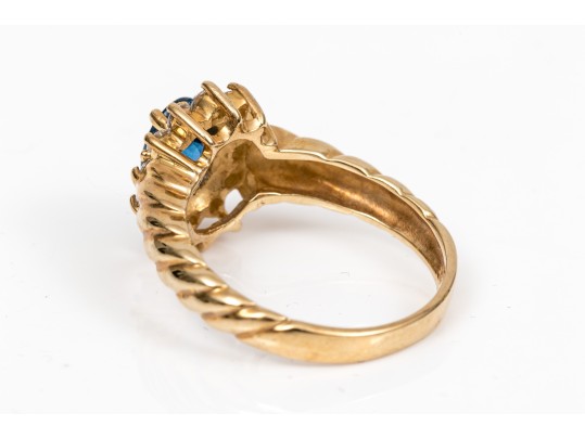 10k Gold Lovely Oval Blue Sapphire And White Sapphire Ribbed Halo Ring, Size 7+