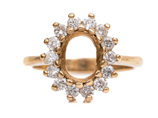 14k Yellow Gold 9x7 Oval Moissanite Halo Semi Mount Ring, Size 6.5