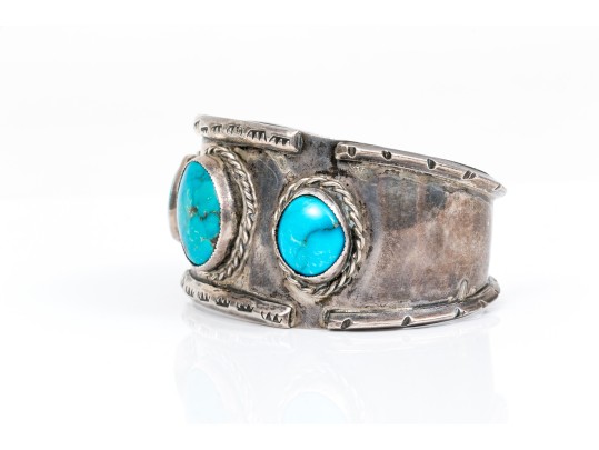 Sterling Silver Three Stone, Rope Edged Southwestern Style Cuff Bracelet