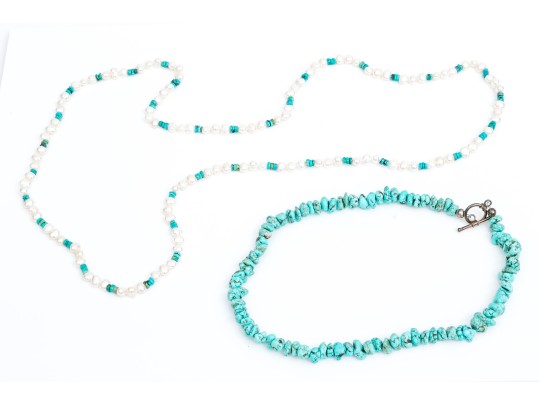 Pair Of Turquoise And Howlite And Turquoise, Howlite And Cultured Freshwater Pearl Necklaces