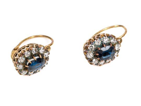 14k Yellow Gold Striking Vintage Blue And White Sapphire Halo Earrings