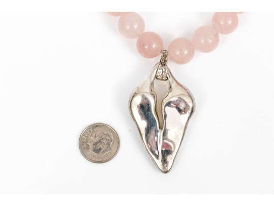 Striking Graduated Pink Rose Quartz Necklace With Brutalist Heart Pendant