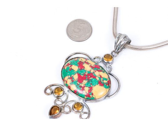 Sterling Silver Striking Multi Color Glass And Composite Pendant, On Chunky Snake Chain