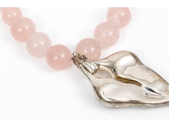 Striking Graduated Pink Rose Quartz Necklace With Brutalist Heart Pendant