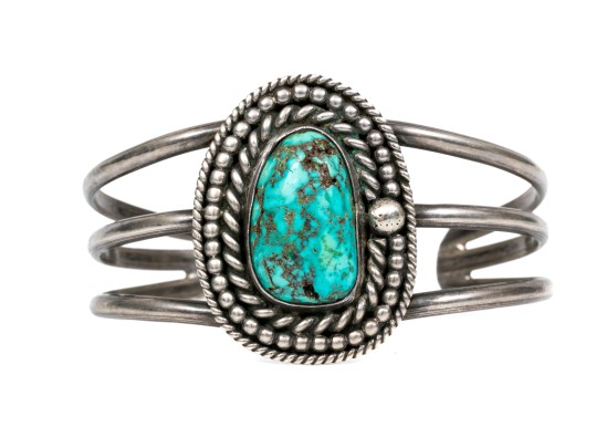 Sterling Silver And Rope Edged Turquoise Southwestern Style Cuff Bracelet