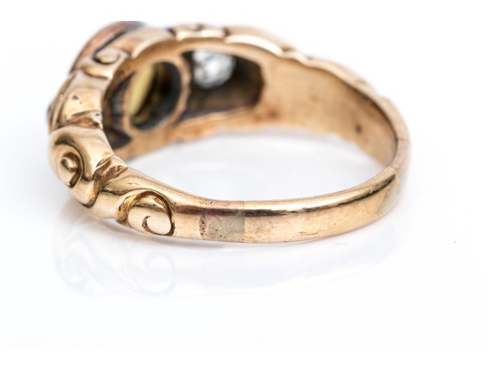14K Gold Beautiful Antique Cats Eye Chrysoberyl And Diamond Ring, App. 0.17 TCW, Size 6.5,