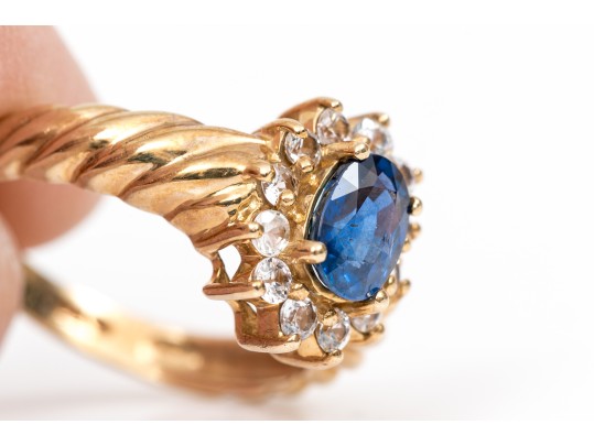 10k Gold Lovely Oval Blue Sapphire And White Sapphire Ribbed Halo Ring, Size 7+