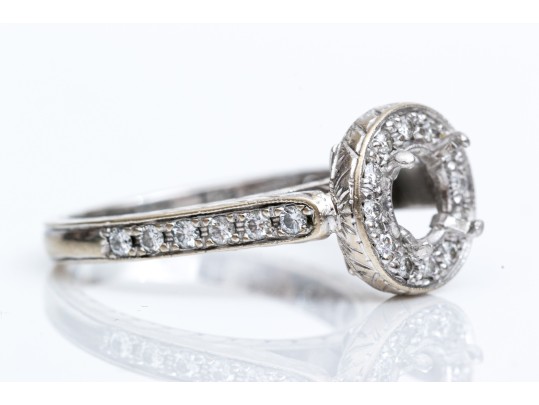 18k White Gold Beautiful Chased Diamond Set Halo Semi Mount, App. 0.24 TCW, Size 5.25