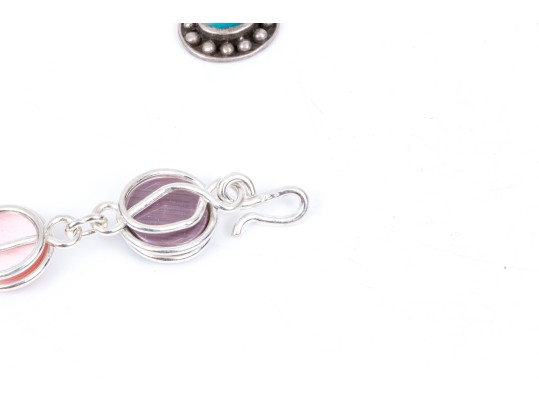 Sterling Silver Fun Multi Color Synthetic Cats Eye Bracelet And Complementary Pendant