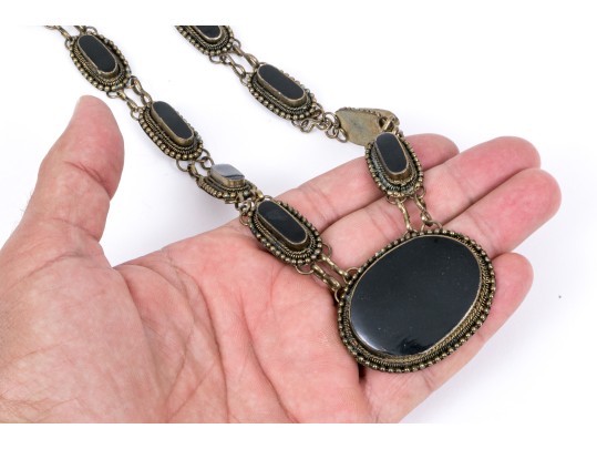 Vintage Black Wood And Gold Plated Impactful Chunky Opera Length Necklace