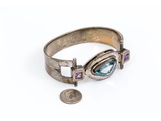 Sterling Spectacular Chunky Contemporary Free Form Blue Topaz And Amethyst Bangle Bracelet