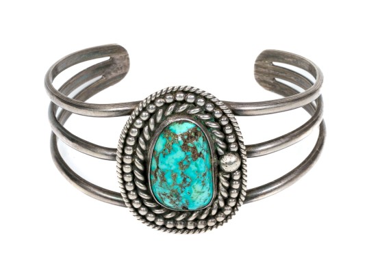Sterling Silver And Rope Edged Turquoise Southwestern Style Cuff Bracelet