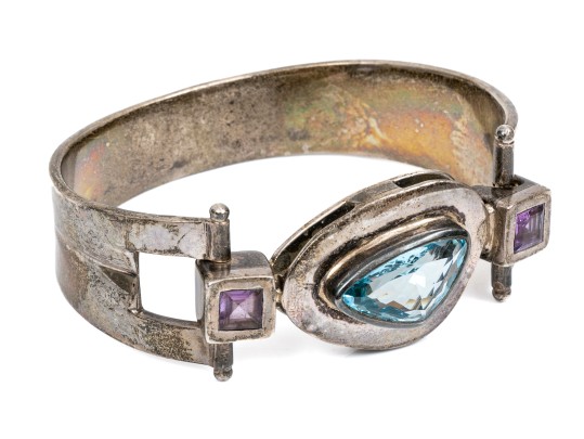 Sterling Spectacular Chunky Contemporary Free Form Blue Topaz And Amethyst Bangle Bracelet
