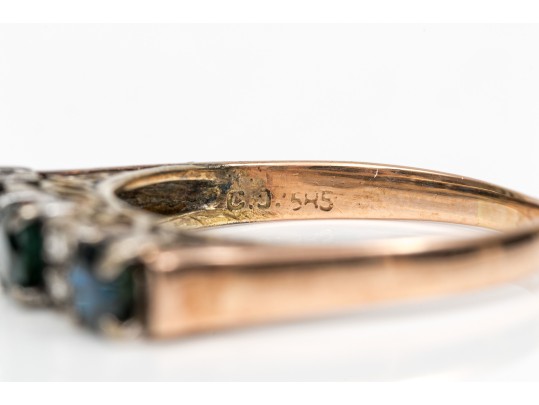 14k Gold Striking Vintage Sapphire And Diamond Band Ring, Size 8.75