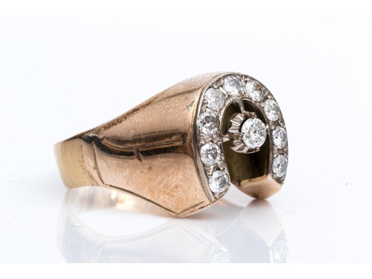 10K Yellow Gold And Diamond Lucky Horseshoe Ring, App. 0.62 TCW, Size 12.75
