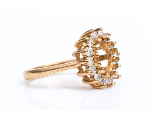 14k Yellow Gold 9x7 Oval Moissanite Halo Semi Mount Ring, Size 6.5