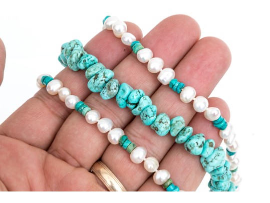 Pair Of Turquoise And Howlite And Turquoise, Howlite And Cultured Freshwater Pearl Necklaces