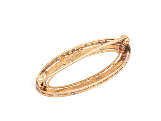 14k Yellow Gold Pretty Vintage Oval Chased And Floral Motif Brooch