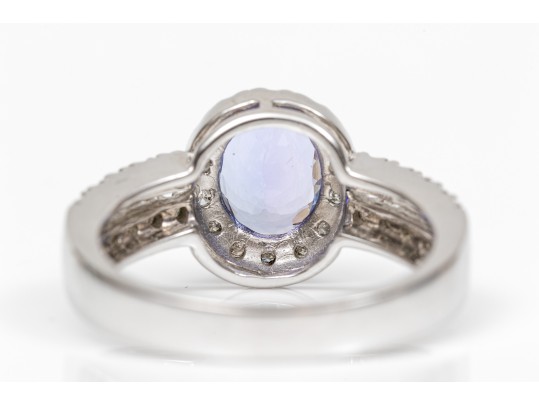 14k White Gold Lovely Oval Tanzanite And Diamond Halo Ring, Size 7