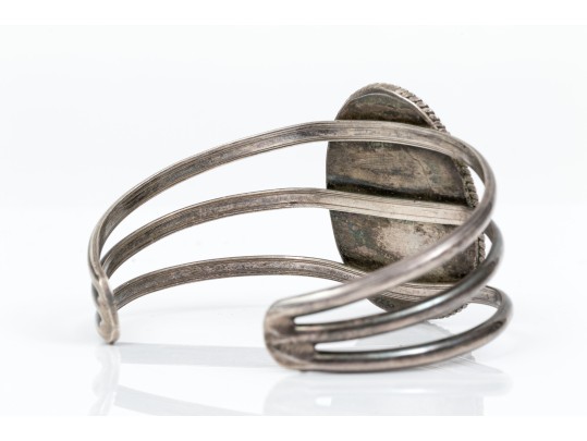 Sterling Silver And Rope Edged Turquoise Southwestern Style Cuff Bracelet