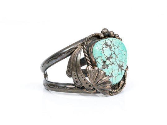 Dee Morris Sterling Rope And Fan Edged Turquoise Southwestern Style Cuff Bracelet