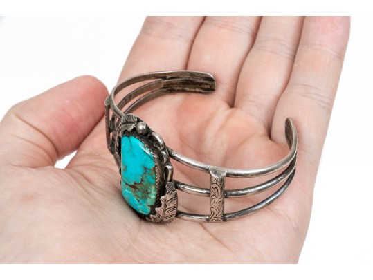 Sterling Silver And Feather Edged Turquoise Southwestern Style Cuff Bracelet