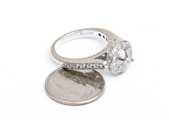 18k White Gold Beautiful Chased Diamond Set Halo Semi Mount, App. 0.24 TCW, Size 5.25