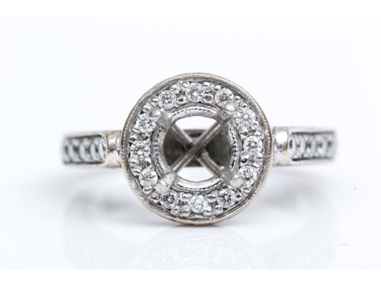 18k White Gold Beautiful Chased Diamond Set Halo Semi Mount, App. 0.24 TCW, Size 5.25