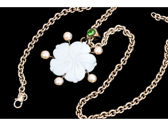 Sterling Silver Lovely Mother-of-pearl Flower Pendant, On Chunky Curb Chain
