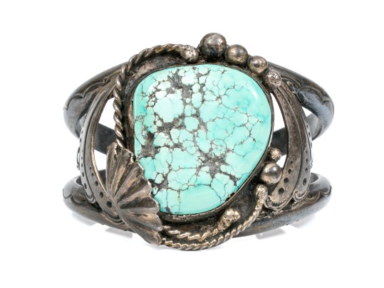 Dee Morris Sterling Rope And Fan Edged Turquoise Southwestern Style Cuff Bracelet