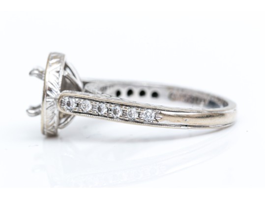 18k White Gold Beautiful Chased Diamond Set Halo Semi Mount, App. 0.24 TCW, Size 5.25