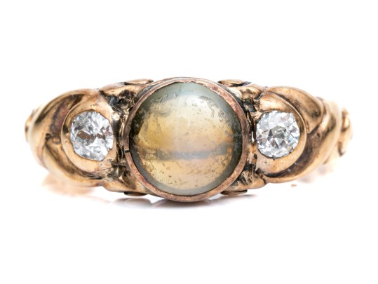 14K Gold Beautiful Antique Cats Eye Chrysoberyl And Diamond Ring, App. 0.17 TCW, Size 6.5,