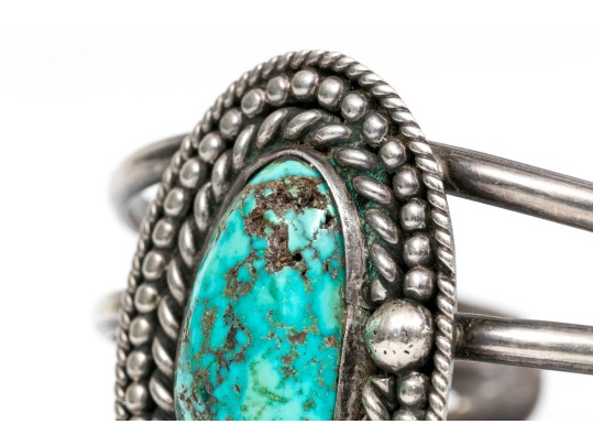 Sterling Silver And Rope Edged Turquoise Southwestern Style Cuff Bracelet