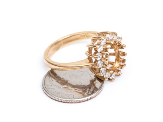 14k Yellow Gold 9x7 Oval Moissanite Halo Semi Mount Ring, Size 6.5